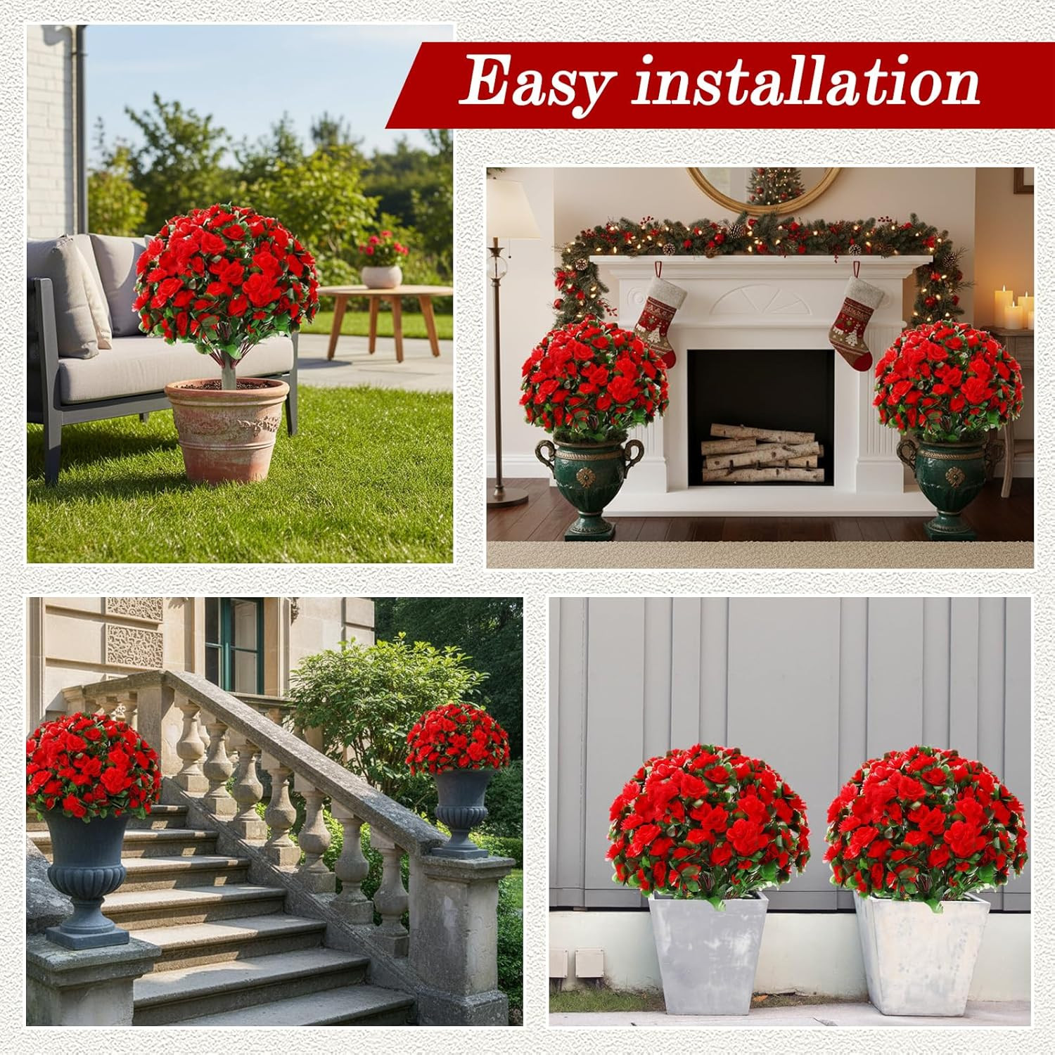 24″ Set of 2 Faux Poinsettia Topiary Trees for Indoor/Outdoor Xmas Decor
