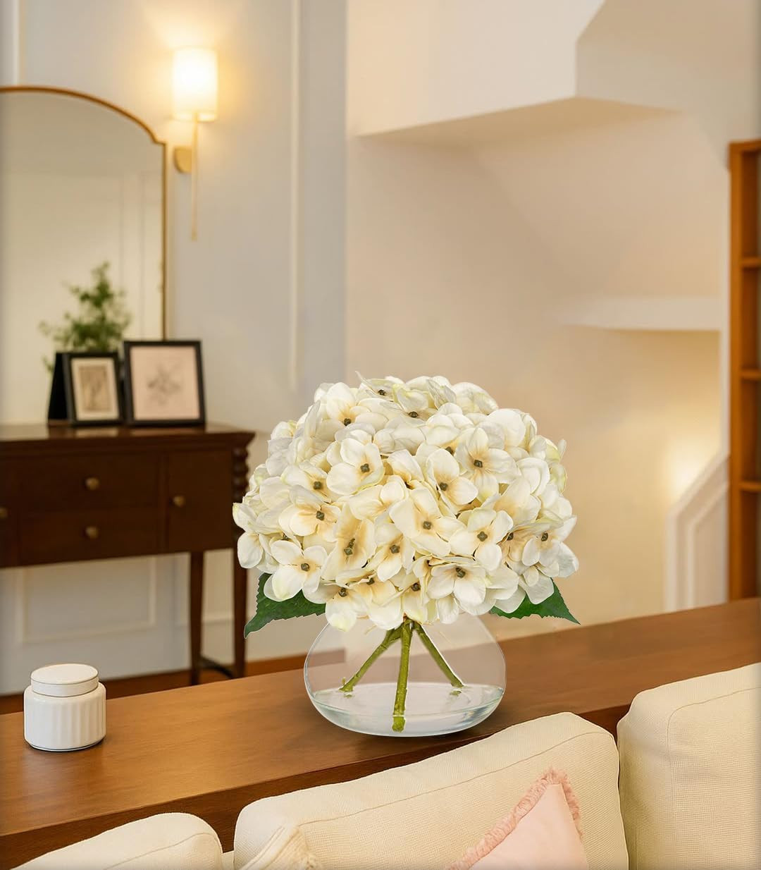 Fall Hydrangea Artificial Flowers for Decoration with Glass Vase White Silk Fake