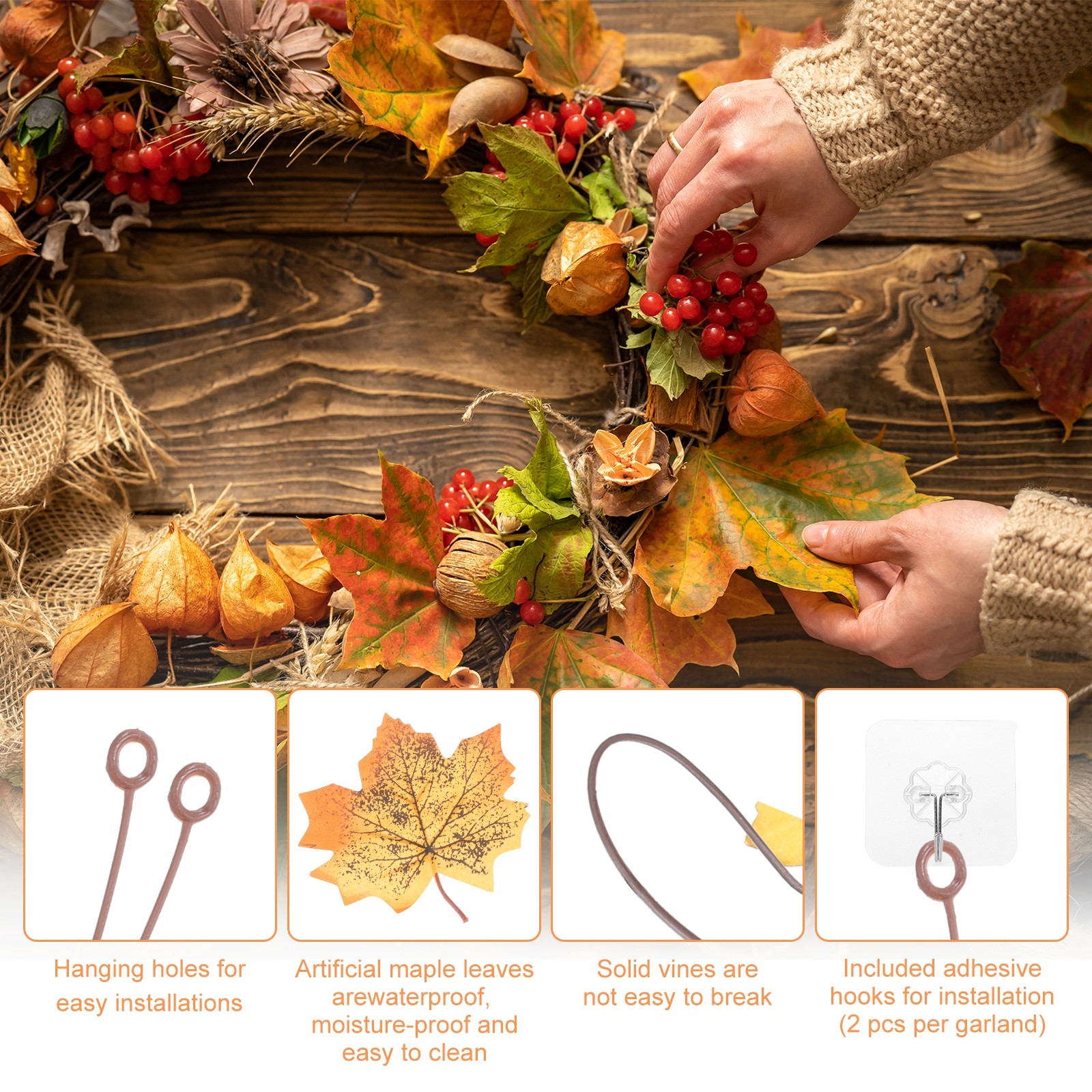 2Pcs Fall Maple Leaf Garland,5.9Ft Artificial Garland Decor Green/Yellow/Orange