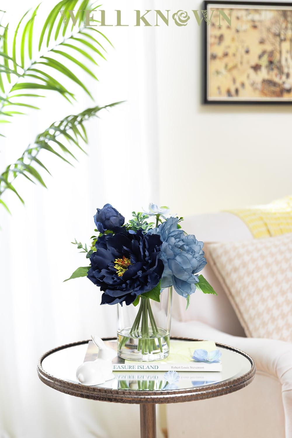 Silk Peony Flower Bouquet in Glass Vase with Fake Water – Navy & Light Blue