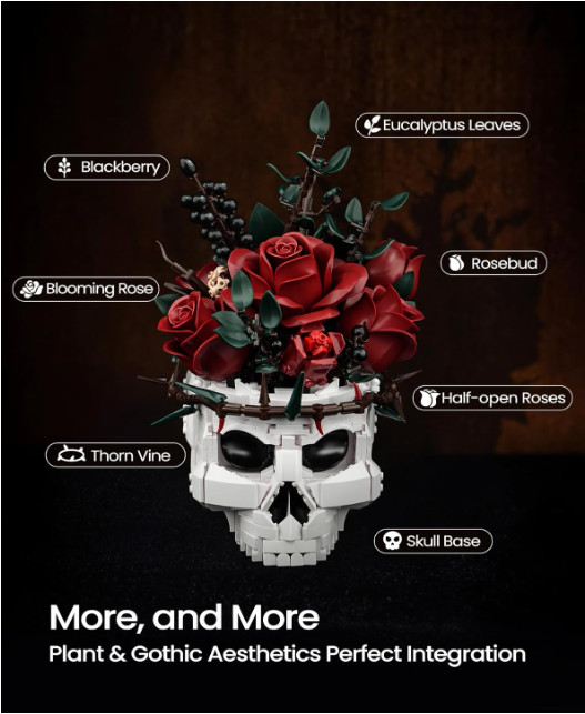 Skull Roses Flower Bouquet Building Set, Skull Planter Botanical Collection Kit