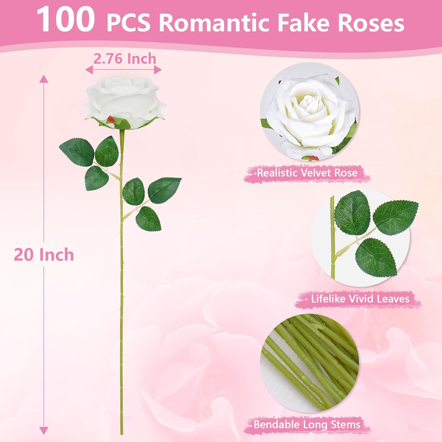 100 Pcs Real Touch White Velvet Roses for Weddings & DIY Decor