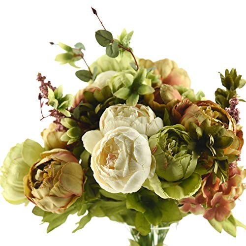 Vintage Artificial Peonies Silk Peony Country Rustic (Beige, Green & Brown)
