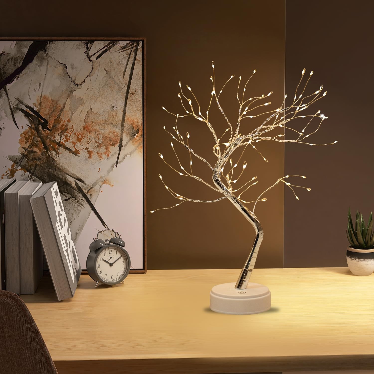 21 Inch LED Tree Lamp 108 LED USB Artificial Desktop Light Warm White Silver