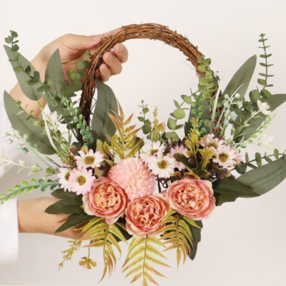 Artificial Wreath with Fabric and Plastic Flowers for Indoor Wall Decoration