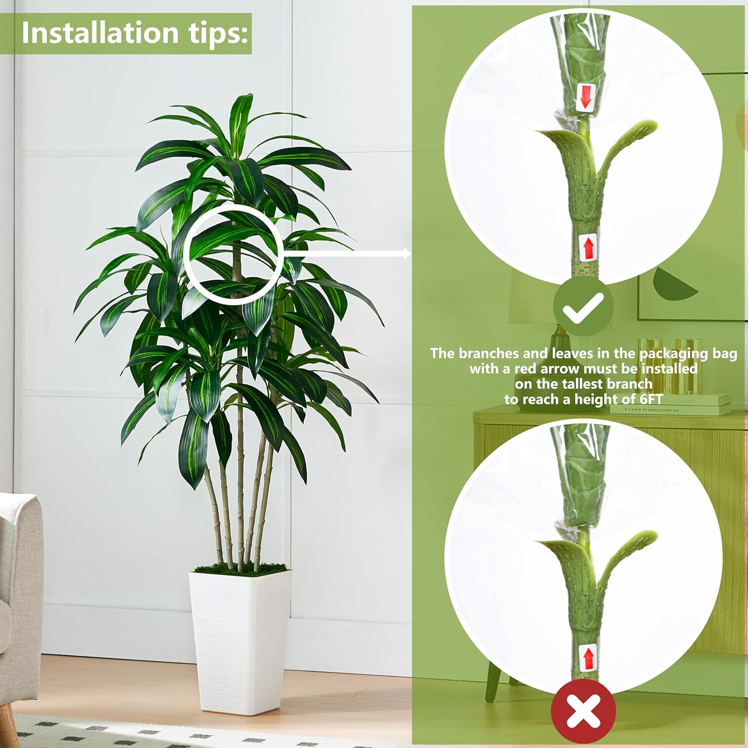 6FT Artificial Dracaena Tree in White Tall Planter – Faux Tropical Yucca Plant