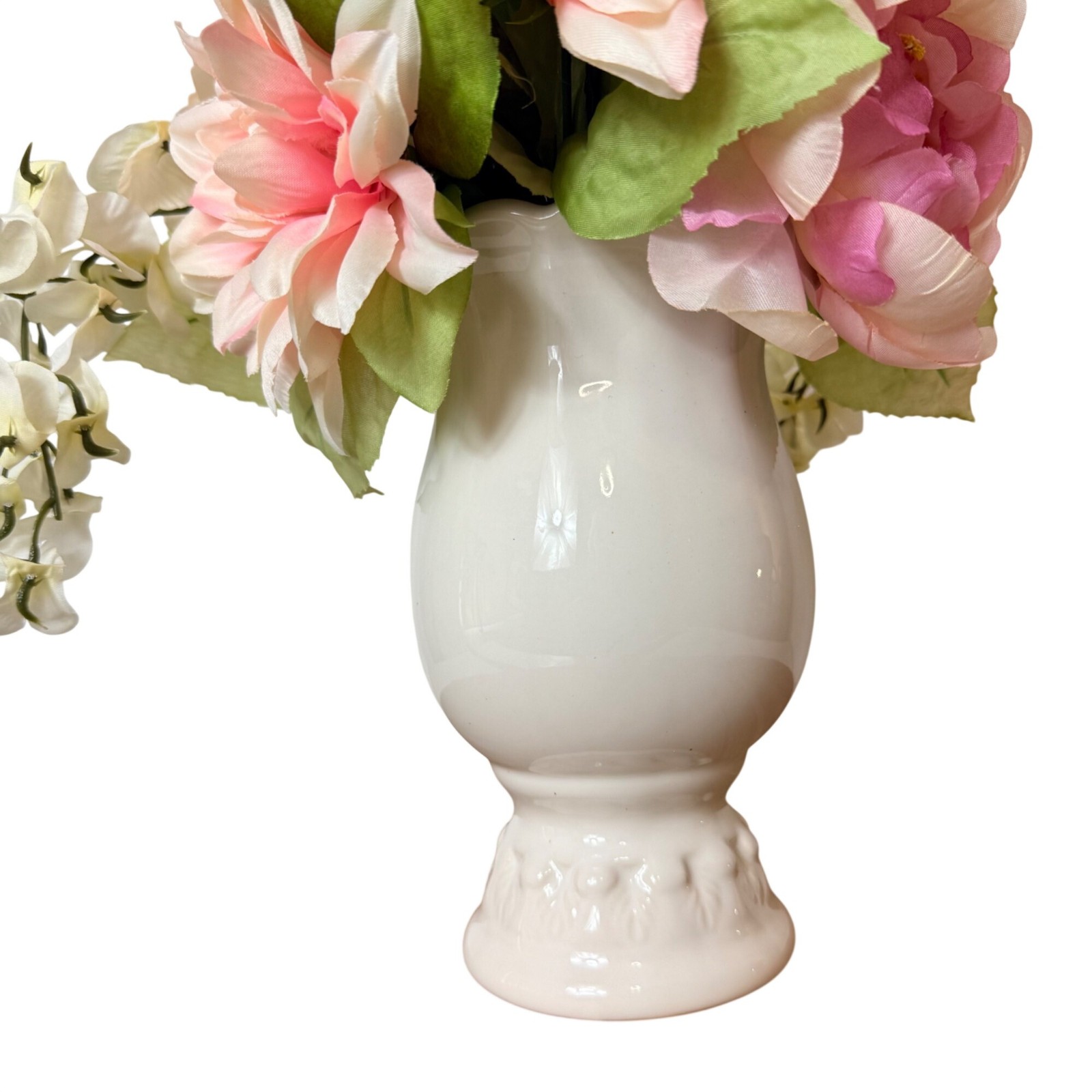 Vintage Faux Floral Arrangement White Ceramic Pedestal Vase Pink Peonies Decor