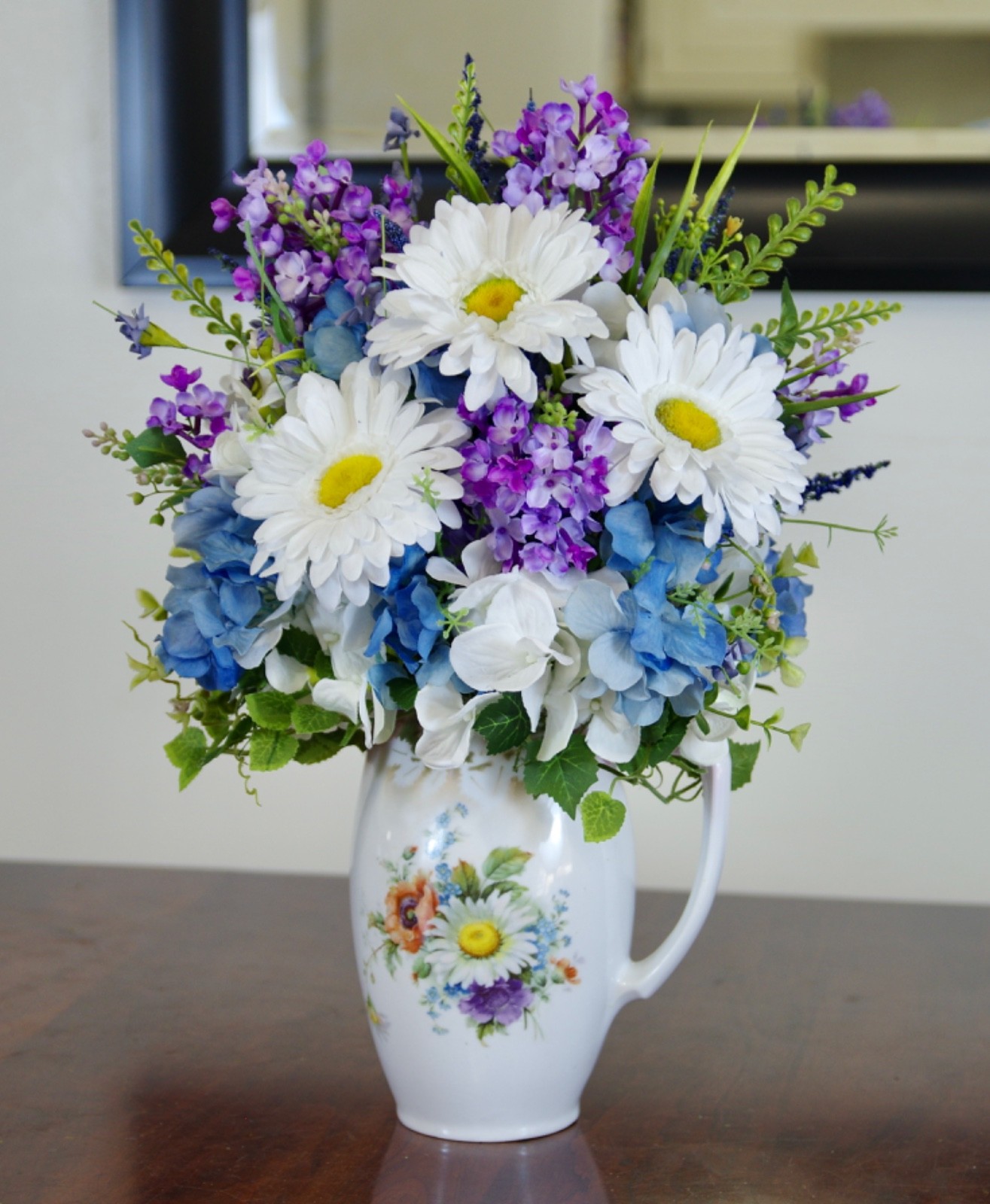 Silk Daisy and Lilac Arrangement in 1800’s Germany Lusterware Coffee Pitcher