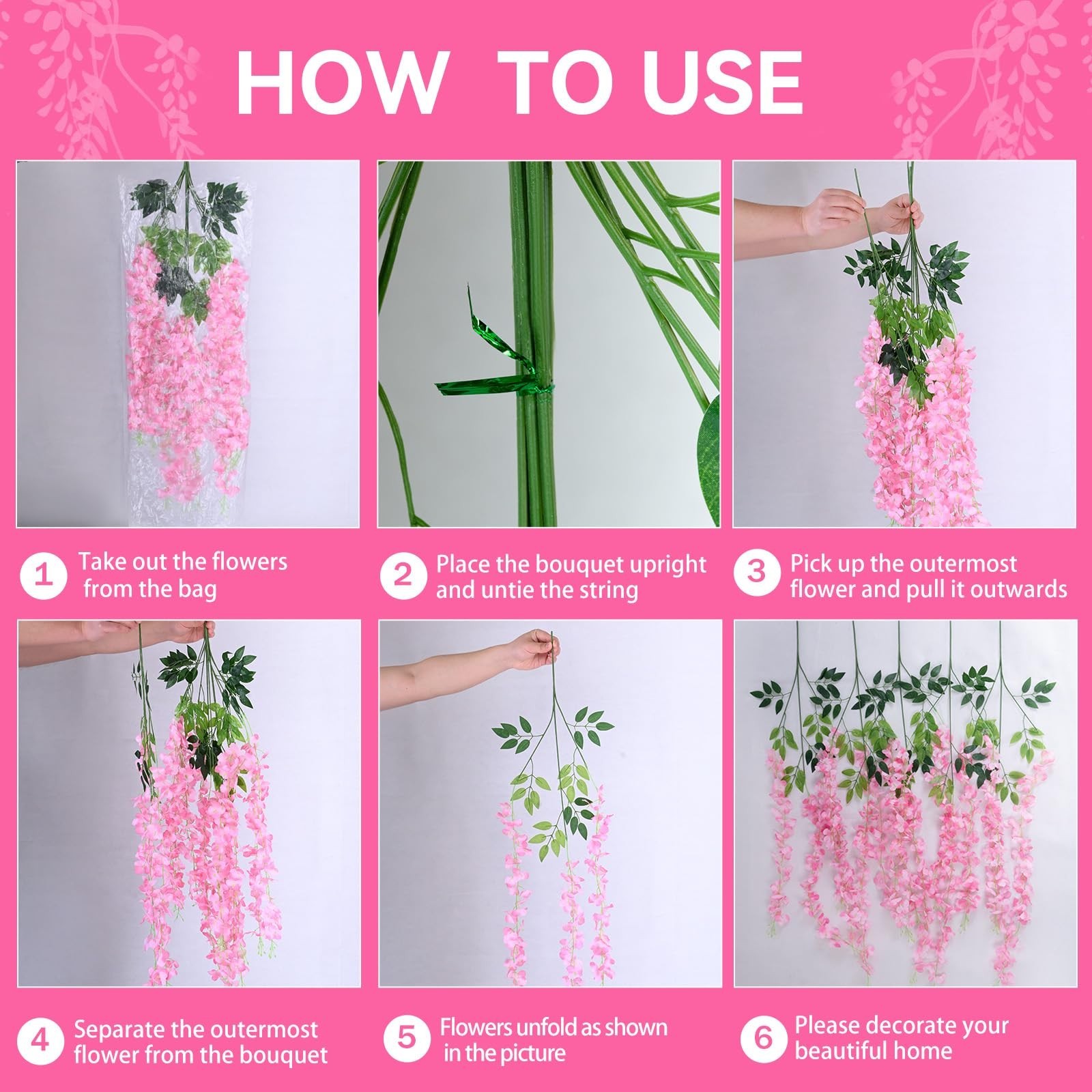 100 Pack Pink Wisteria Hanging Flowers Garland – Faux Floral Decor 3.6 Ft Each