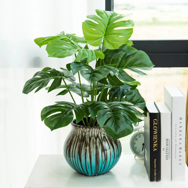 43cm 12 Forks Artificial Monstera Tree Green Fake Plants Plastic Evergreen