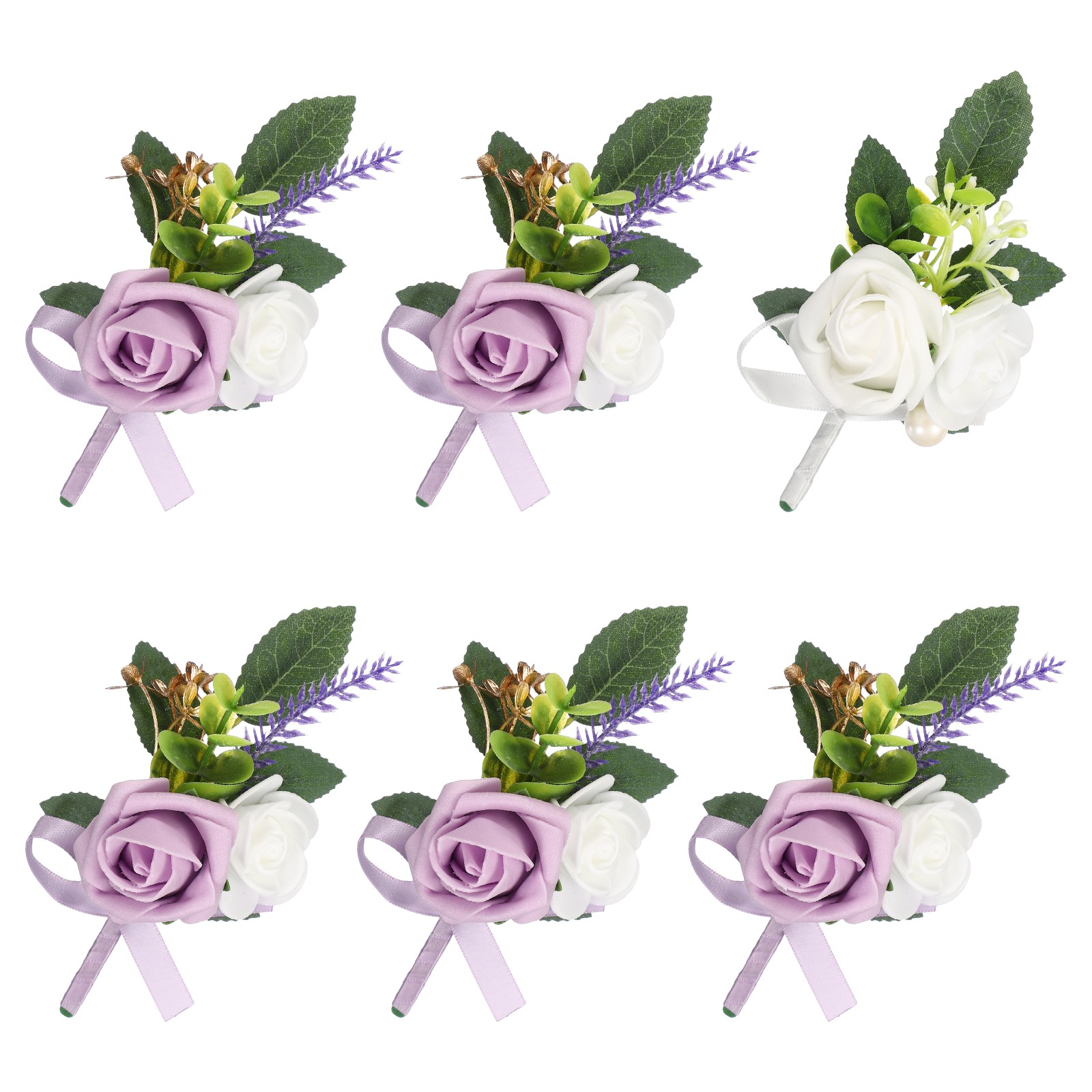 Mens Boutonnieres for Weddings, 6 Pcs Rose Boutonnieres, White/Light Purple