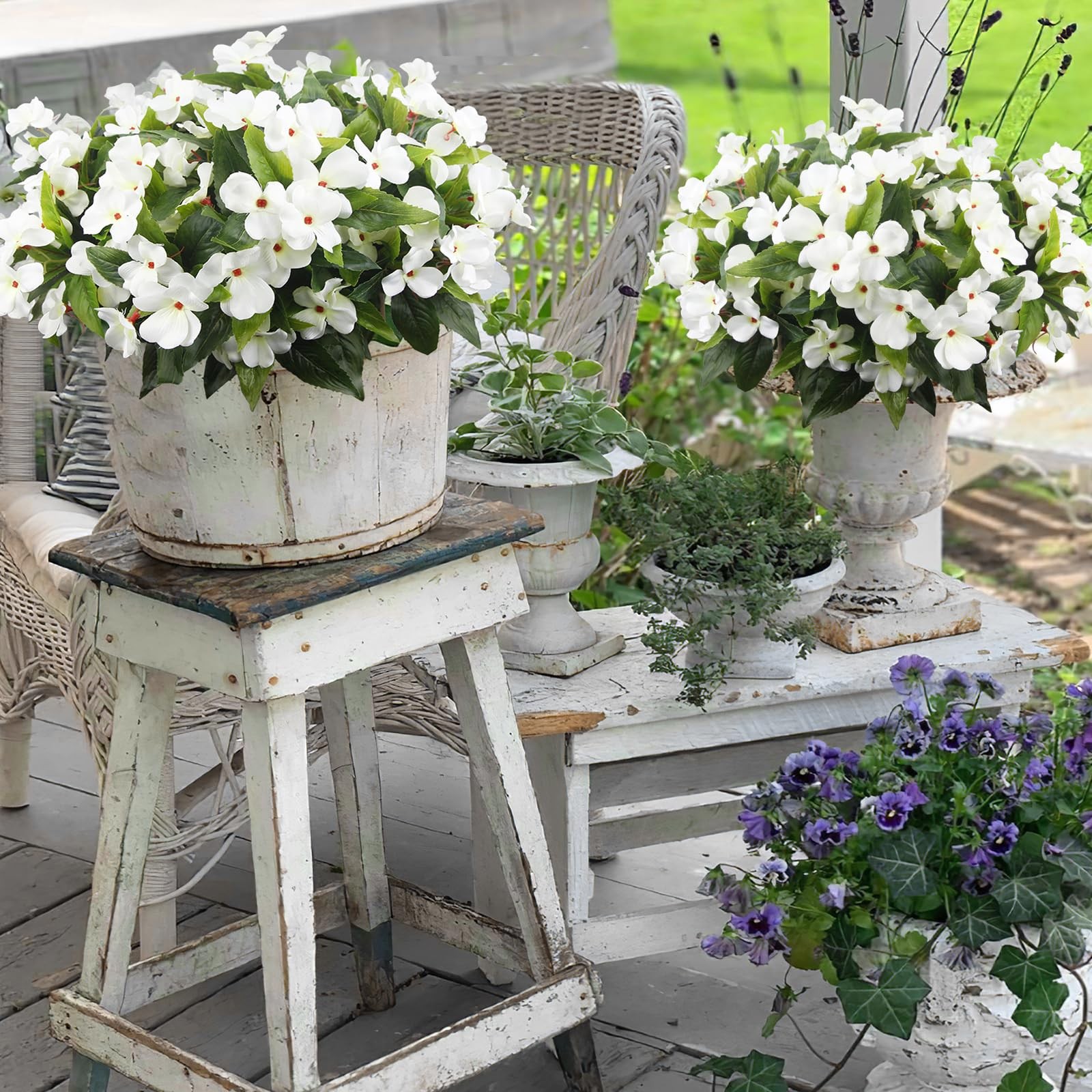8 Pcs Artificial Impatiens Flowers for Outdoors Faux Impatiens Bushes White S…