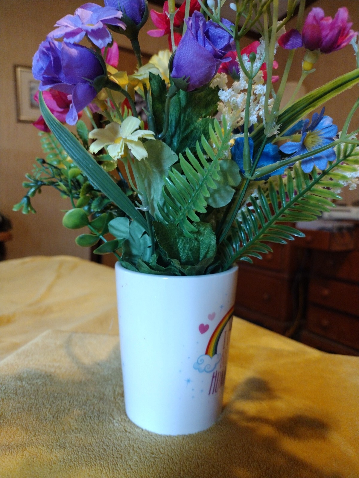 “I Don’t Believe In Humans” Rainbow Unicorn Mug Artificial Flower Arrangement