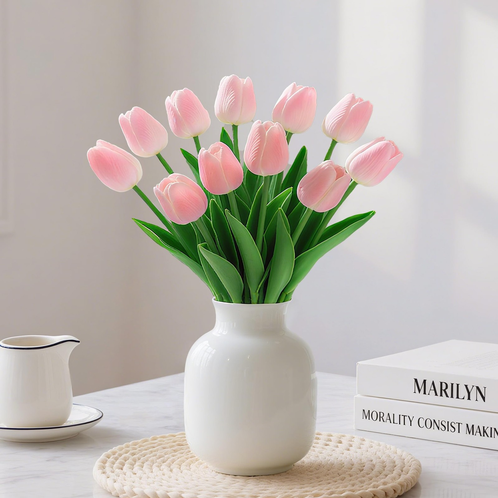 20 Pcs Pink Tulips Artificial Flowers 13″ Fake Pink Tulips Real Touch PU Faux…