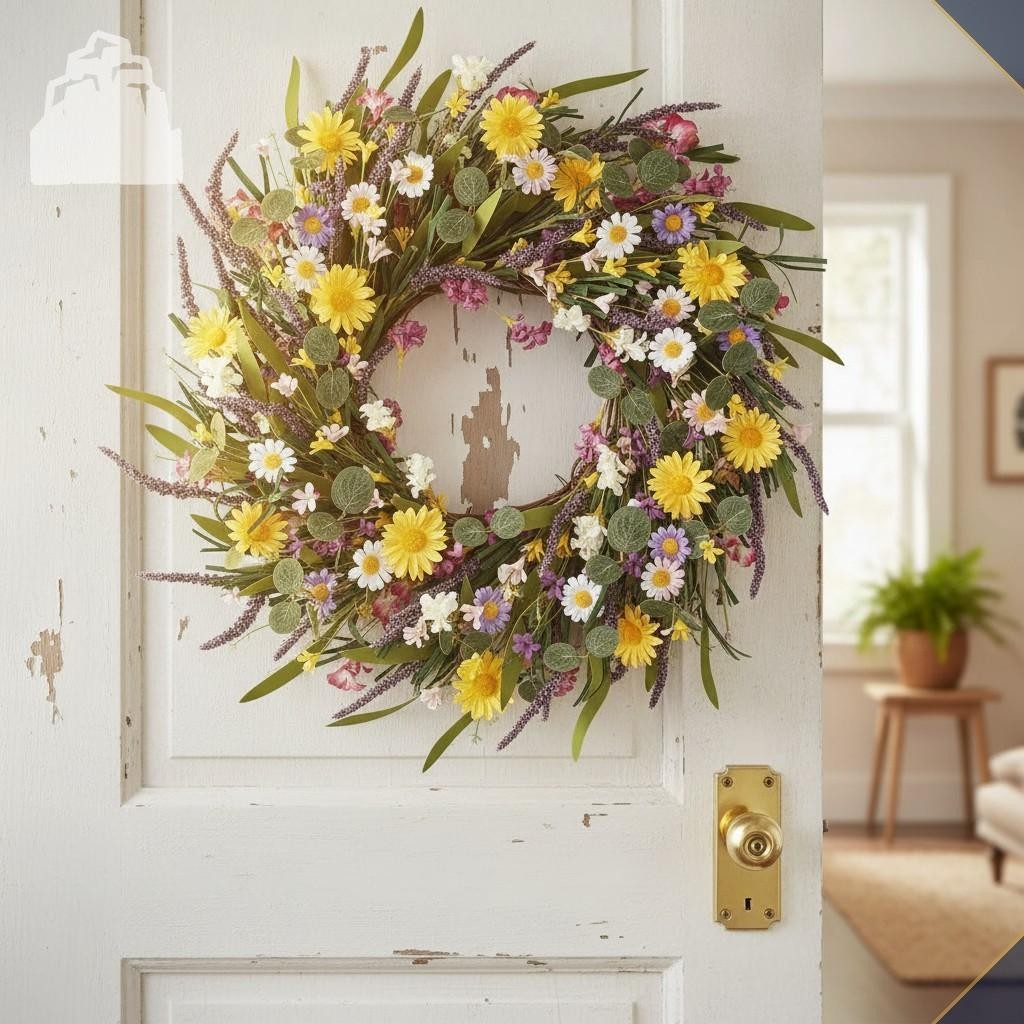 24 Inch Daisy Lavender Wreath Artificial Wildflower Spring Summer Home Decor