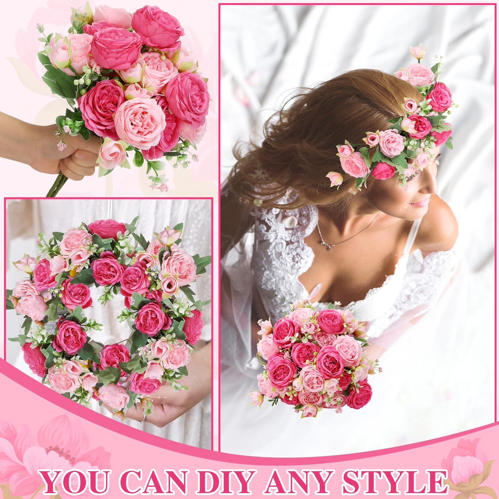 Ovveroche 16 Pack Pink,Hot Pink Peonies Artificial Flowers,Fake Silk Hydrange…