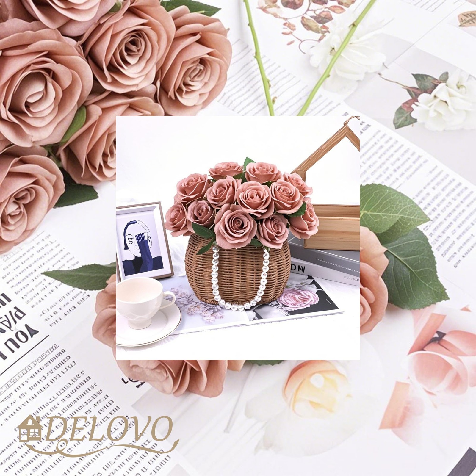 DELOVO 52pcs Dusty Rose Roses Artificial Flowers Fake Flowers Silk Roses with…