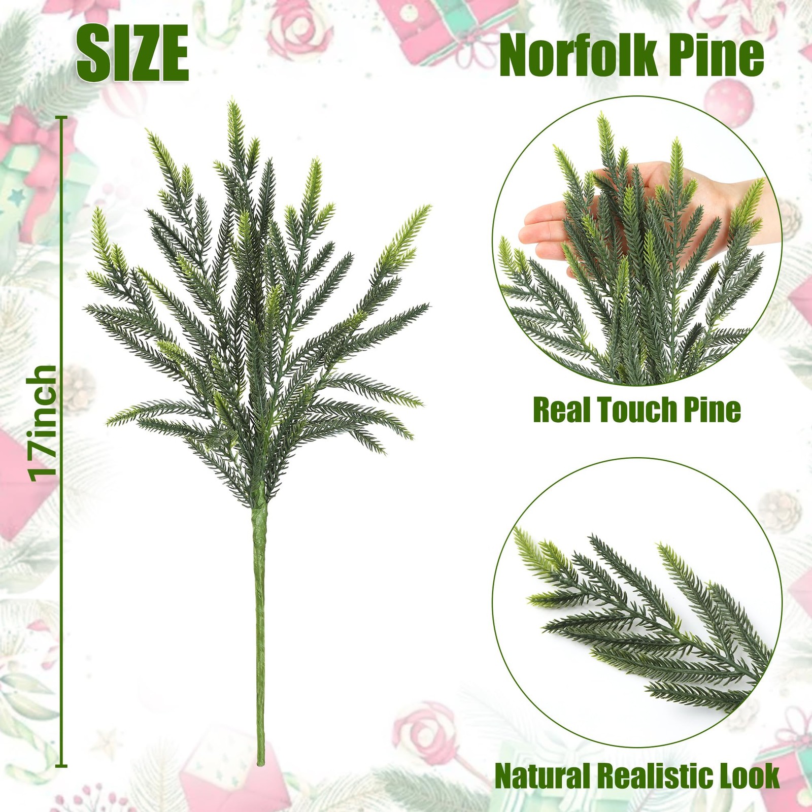 12 Pcs Christmas Norfolk Pine Branches 17’’ Real Touch Artificial Christmas B…