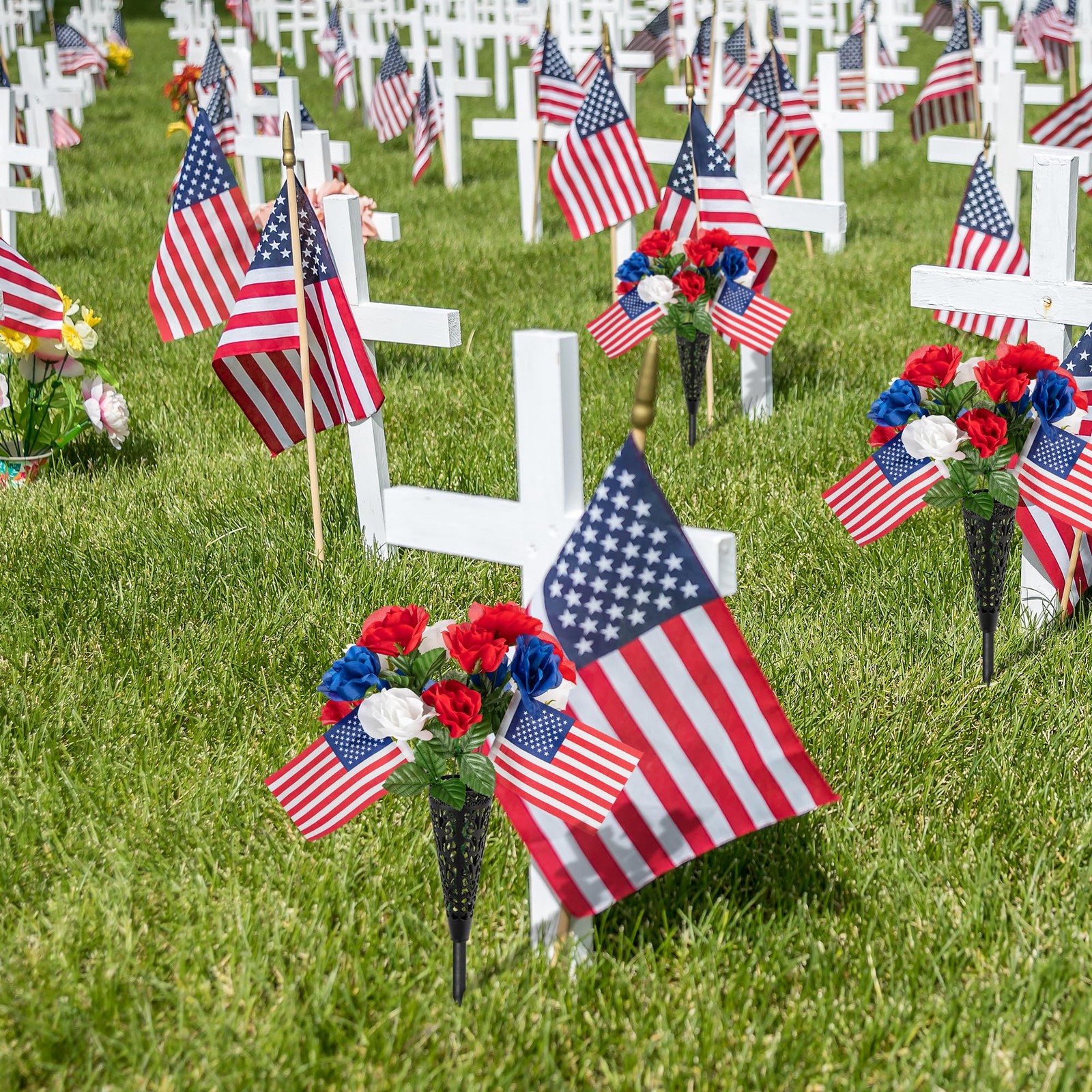 4 Bunches Memorial Day Artificial Flowers, Red Blue White Cemetery Flower wit…