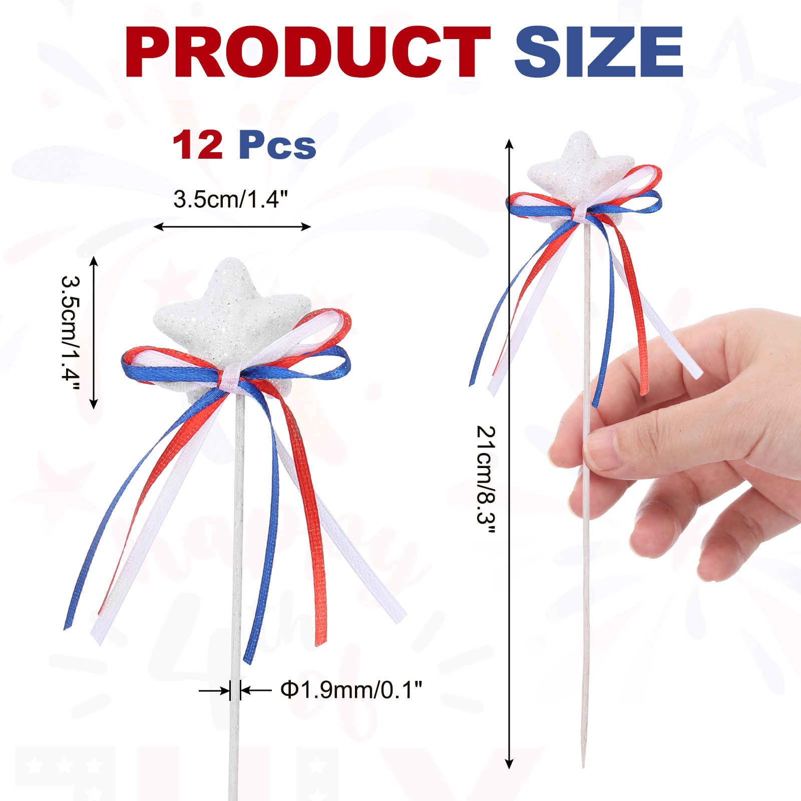 12 Pcs 4th of July Glitter Star Picks 8″ Sparkly Sticks with Bowknot (White)