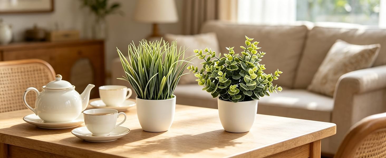 2 Pack Small Fake Plants, Artificial Eucalyptus Potted Plants for Spring and