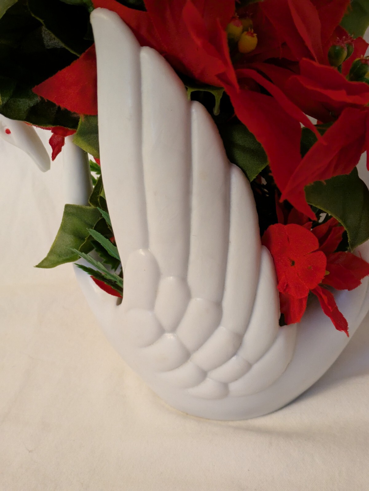 Vintage Artificial Red Flower White Plastic Swan Big Wing Planter Markovitz