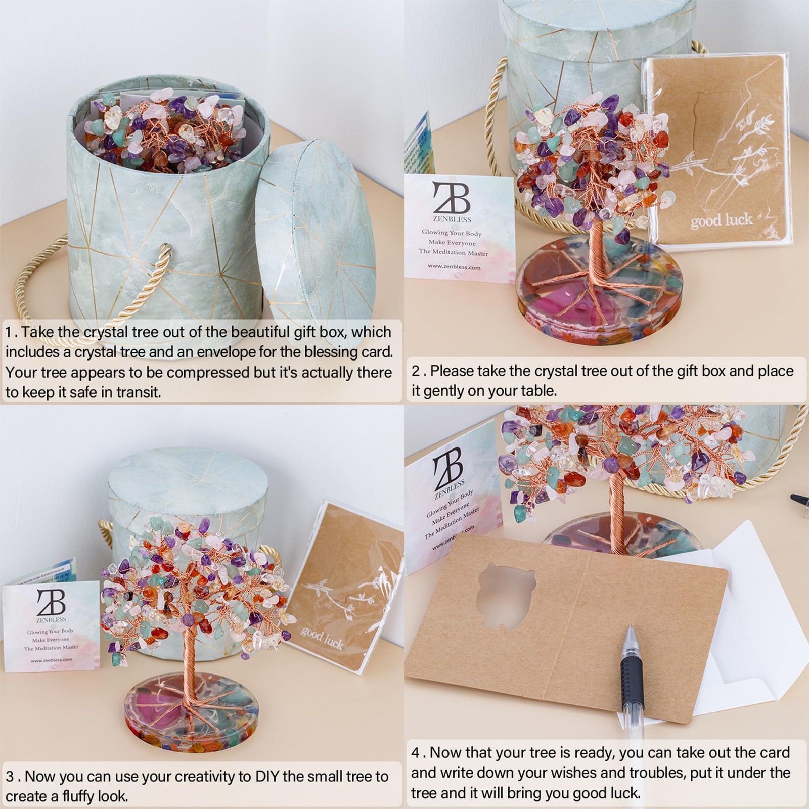 7 Chakra Healing Crystals Stones Tree with Agate Slice Base Feng Shui Decor