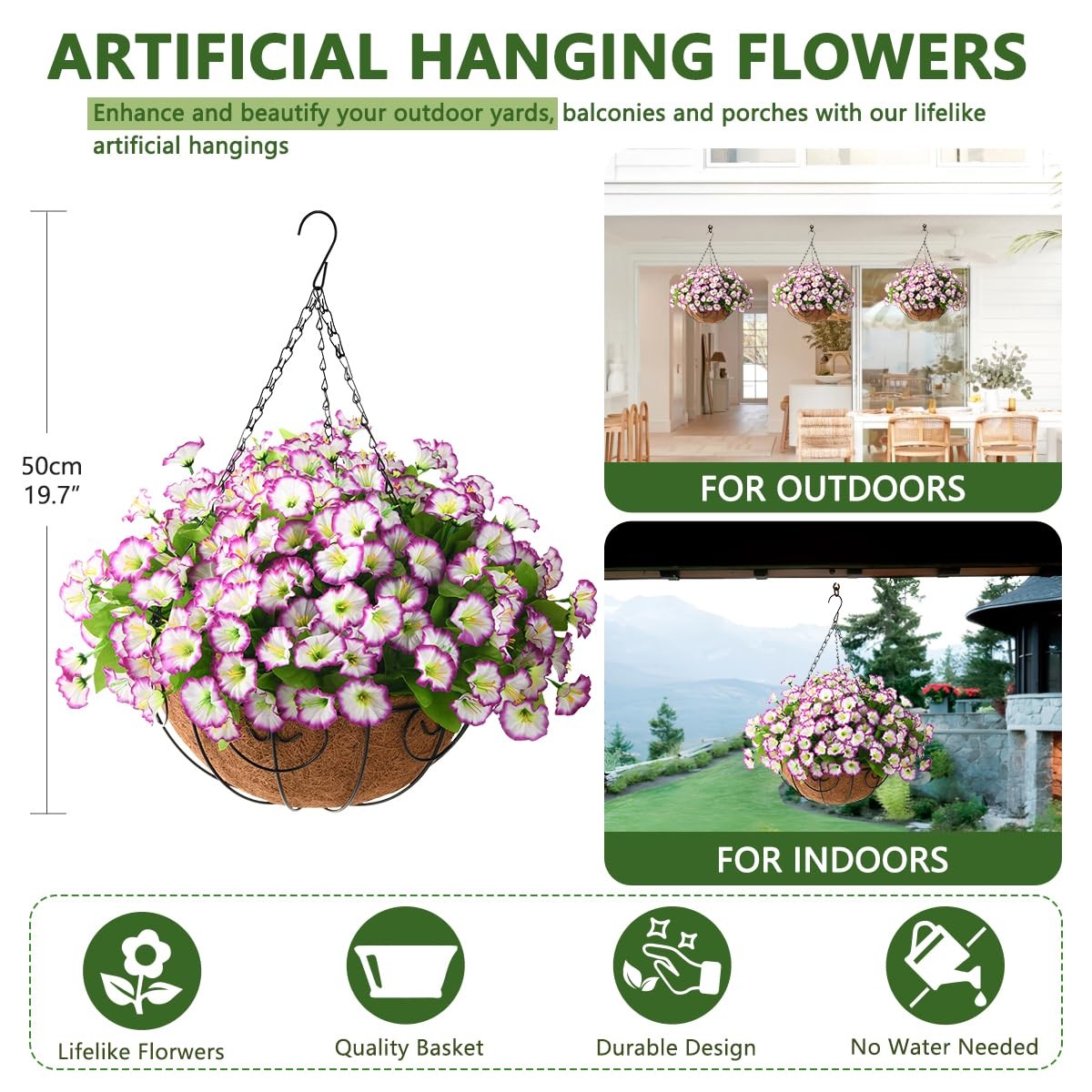 Artificial Hanging Flowers in Basket,12 inch Silk Flower Coconut Lining Hangi…