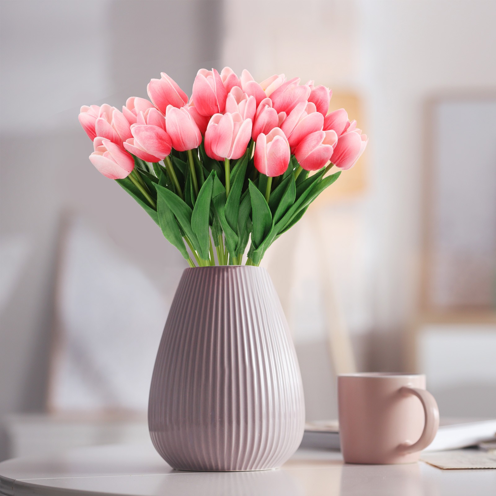 24Pcs Fake Tulips Artificial Flowers PU Tulips with Stems Deep pink