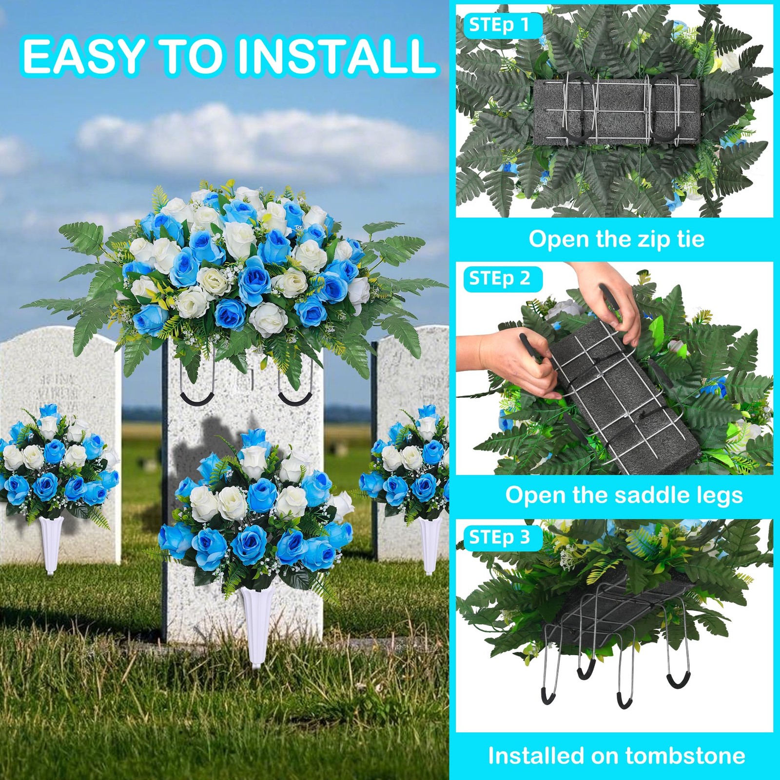 Artificial Cemetery Flower Saddles, Cemetery Memorial Flowers with Vase,Outdoor
