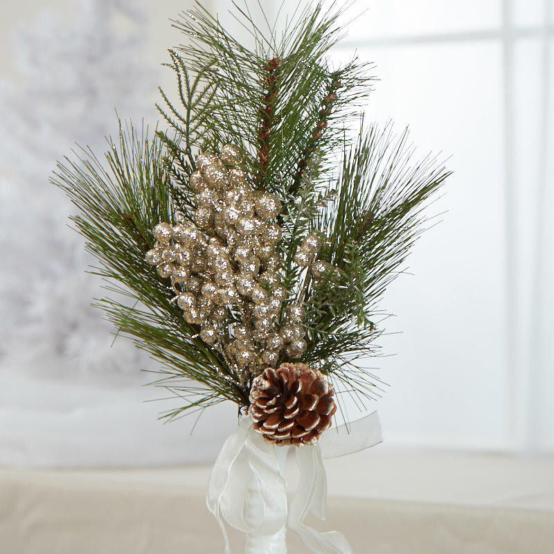 Set of 4 Champagne Artificial Pine and Berry 15″ Sprays with Bow