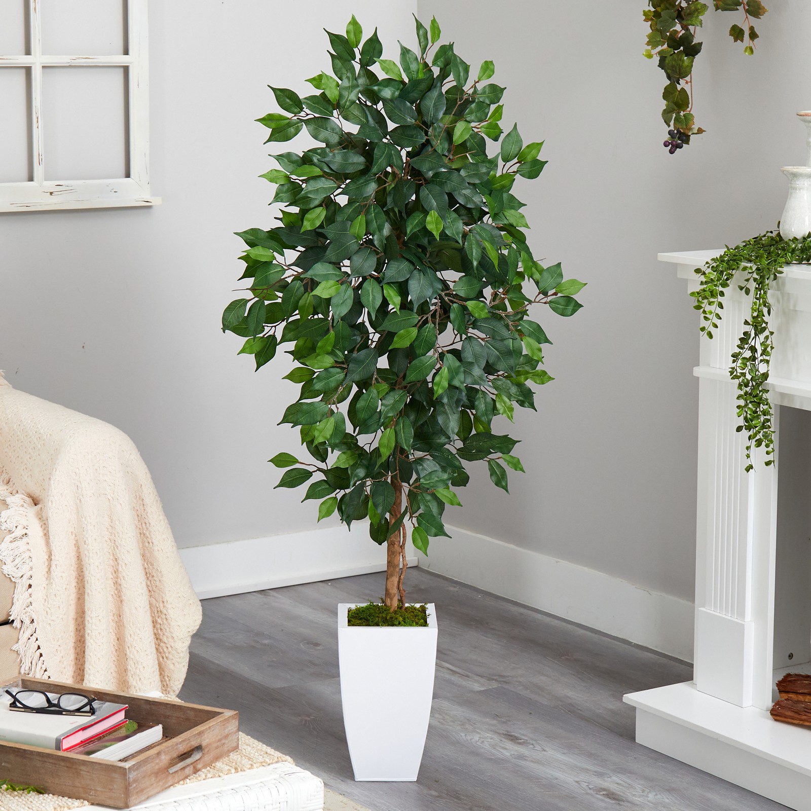 Nearly Natural 4.5ft Ficus Artificial Tree in White Metal Planter in Green