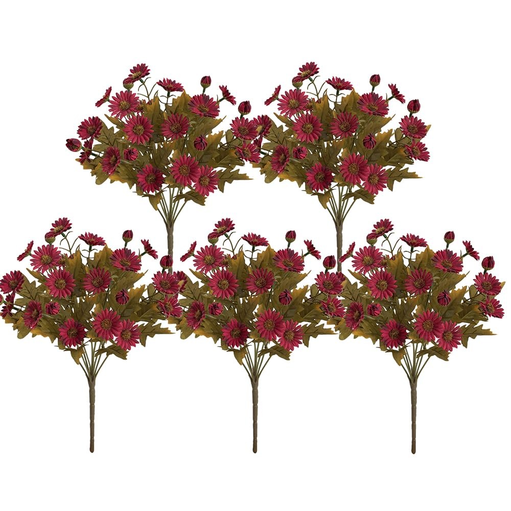 5 PCS Rose Red Artificial Daisy Flowers Bouquets 100 Silk Flowers for Home