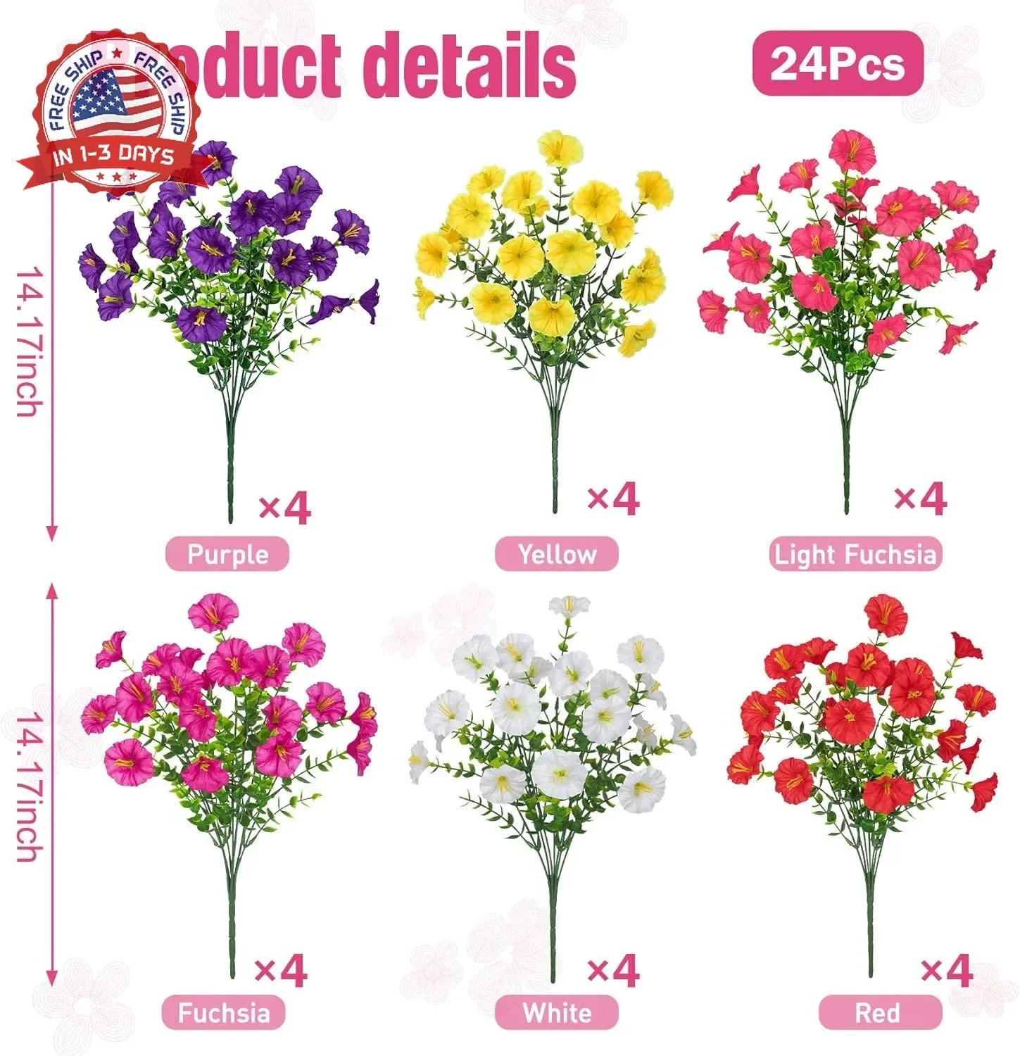 24 Bundles Artificial Flowers for Outdoors, Fake Silk Morning Glory Faux Eucalyp