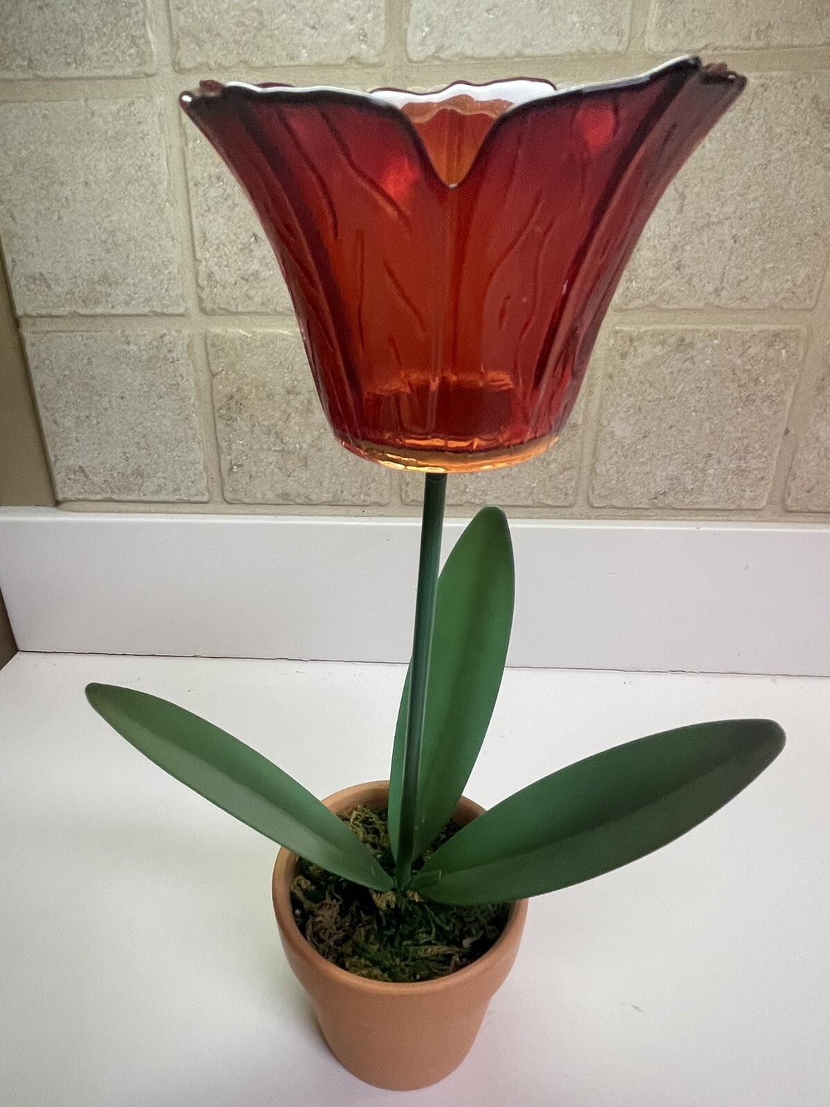 Pair of Glass and Metal Potted Red and Blue Tulip Votives