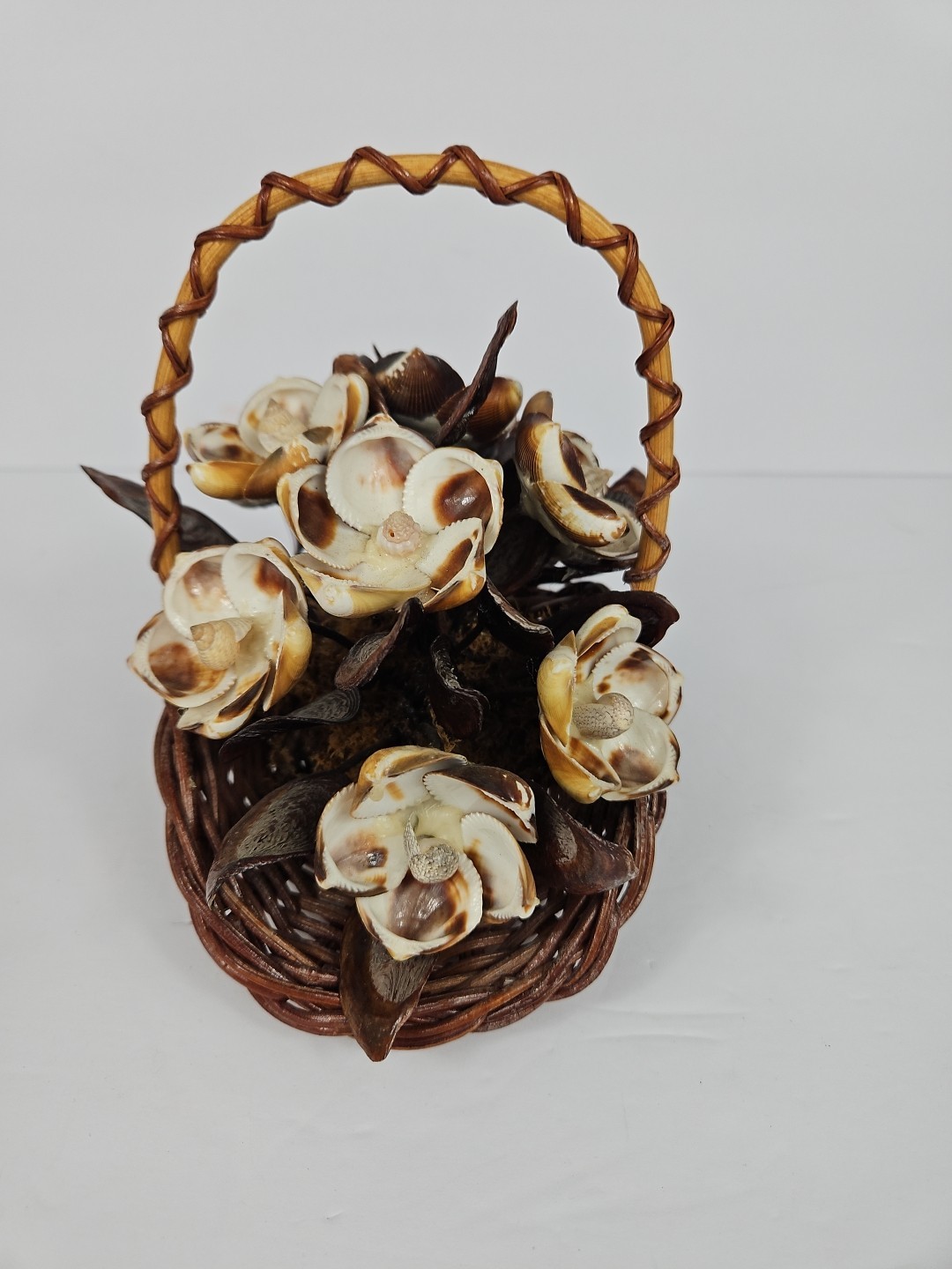 Seashell Art Floral Arrangement In Basket BOHO Vintage handmade decor 6 1/2″tall