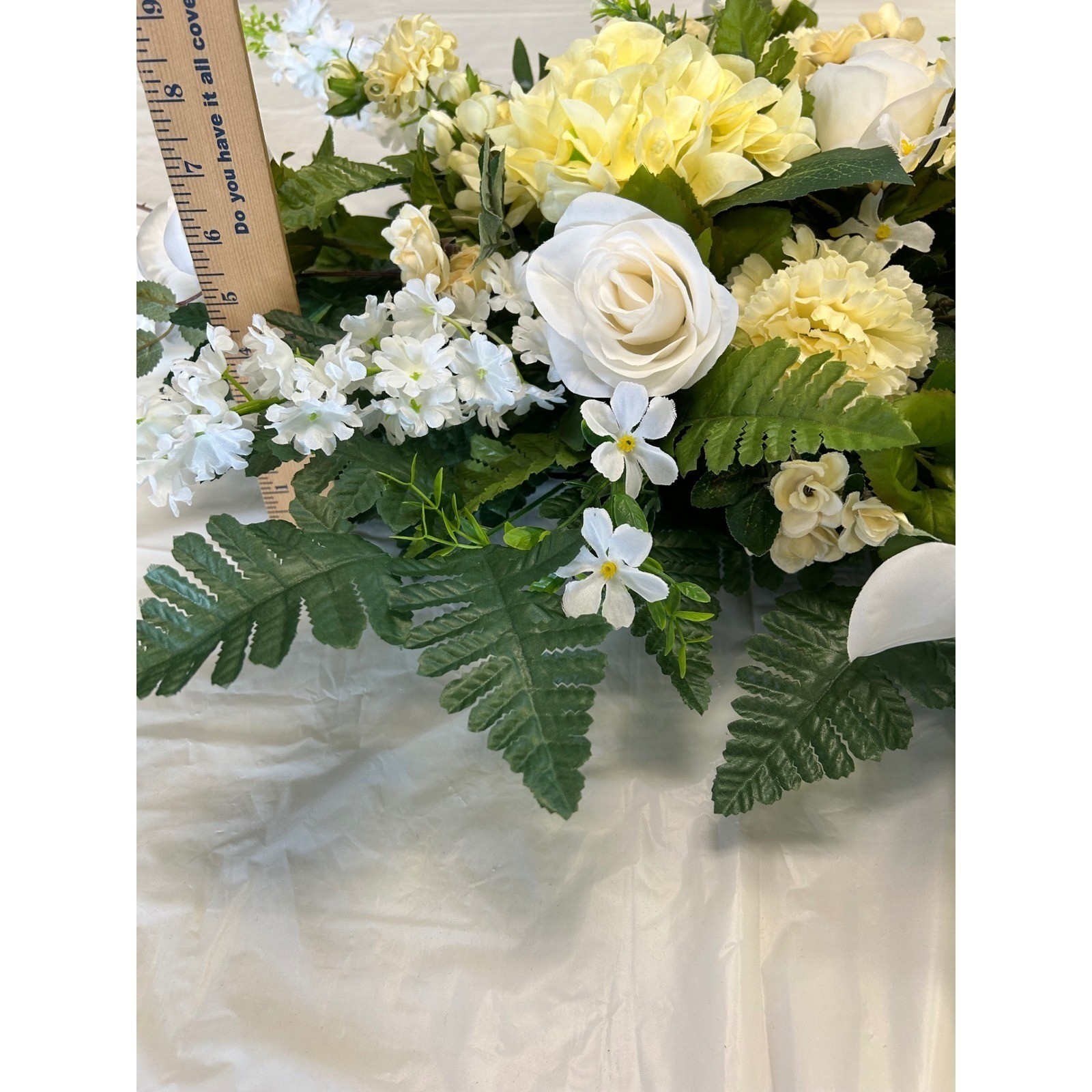 White Rose Yellow Hydrangea Silk Floral Saddle Cemetery Spray Wedding Centerpiec