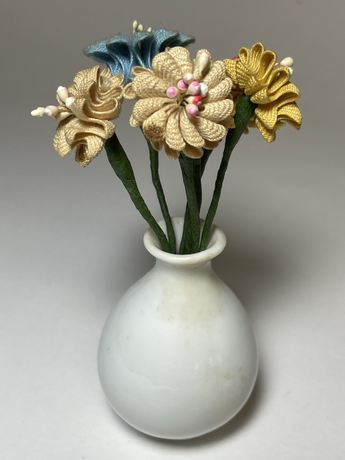 Cloth Flowers and White Ceramic Vase Miniature Decor Made in Japan 4”