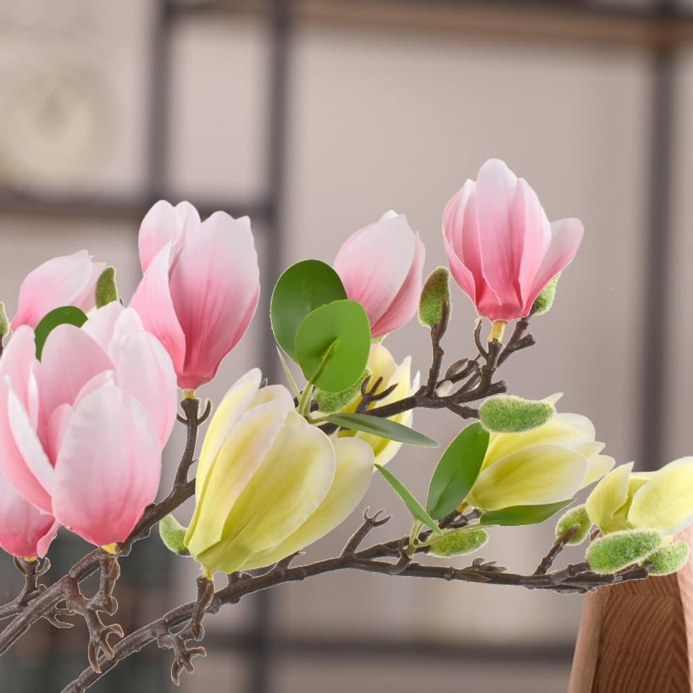 3pcs Artificial Magnolia Flowers, Fake Silk Magnolia Flower Real Touch Branch…