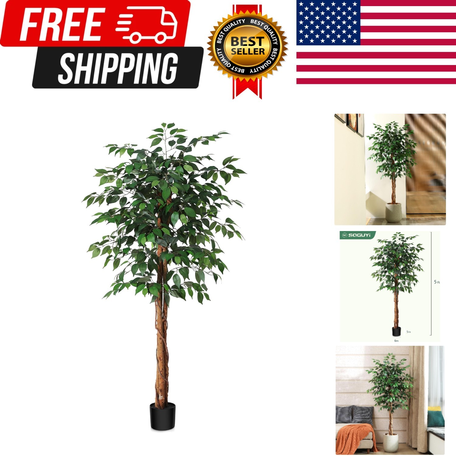 5ft Artificial Ficus Tree with Natural Wood Trunk, Silk Fake Ficus Tree in Pl…