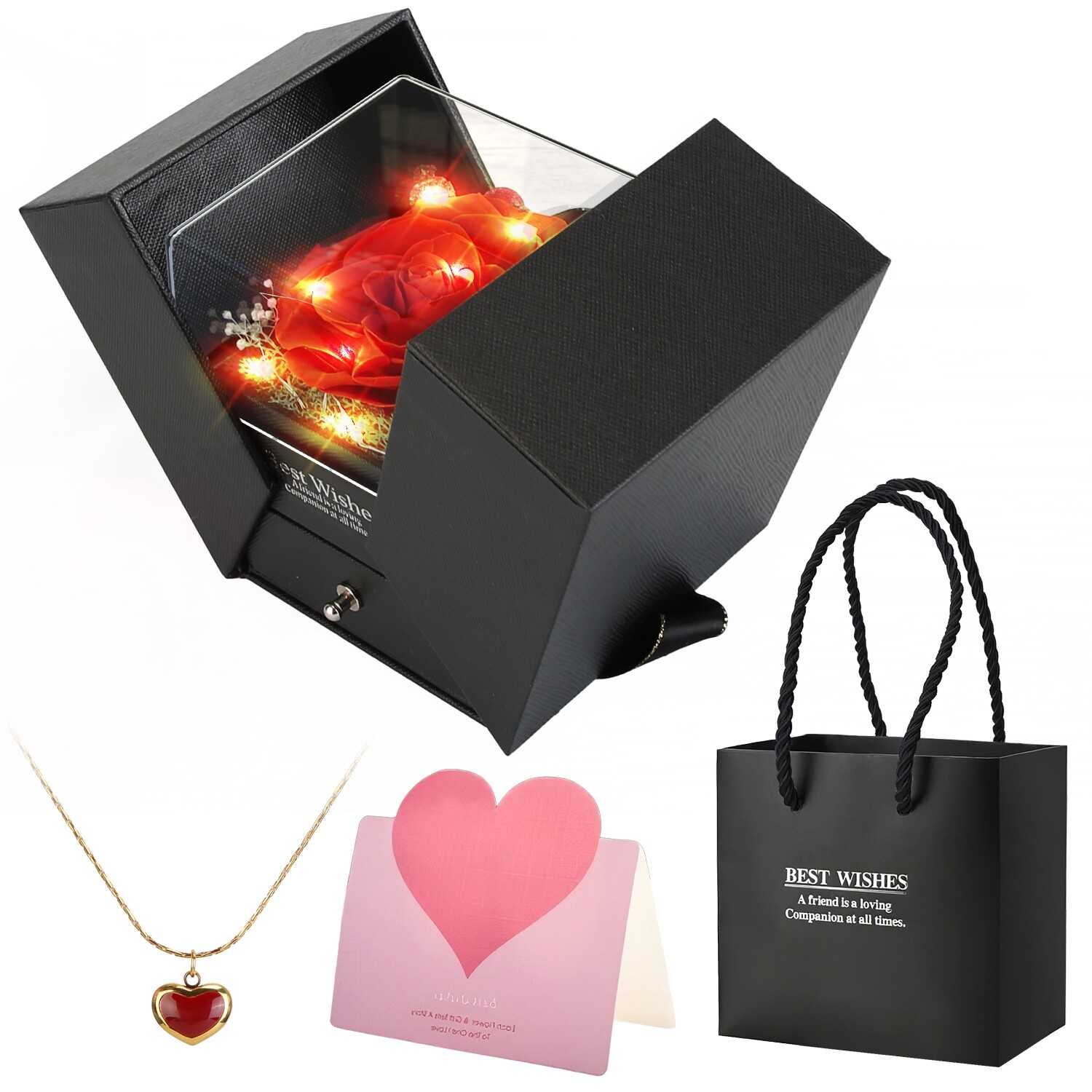Preserved Eternal Real Rose Flower Gift Box with Heart-Shaped Necklace for Mom