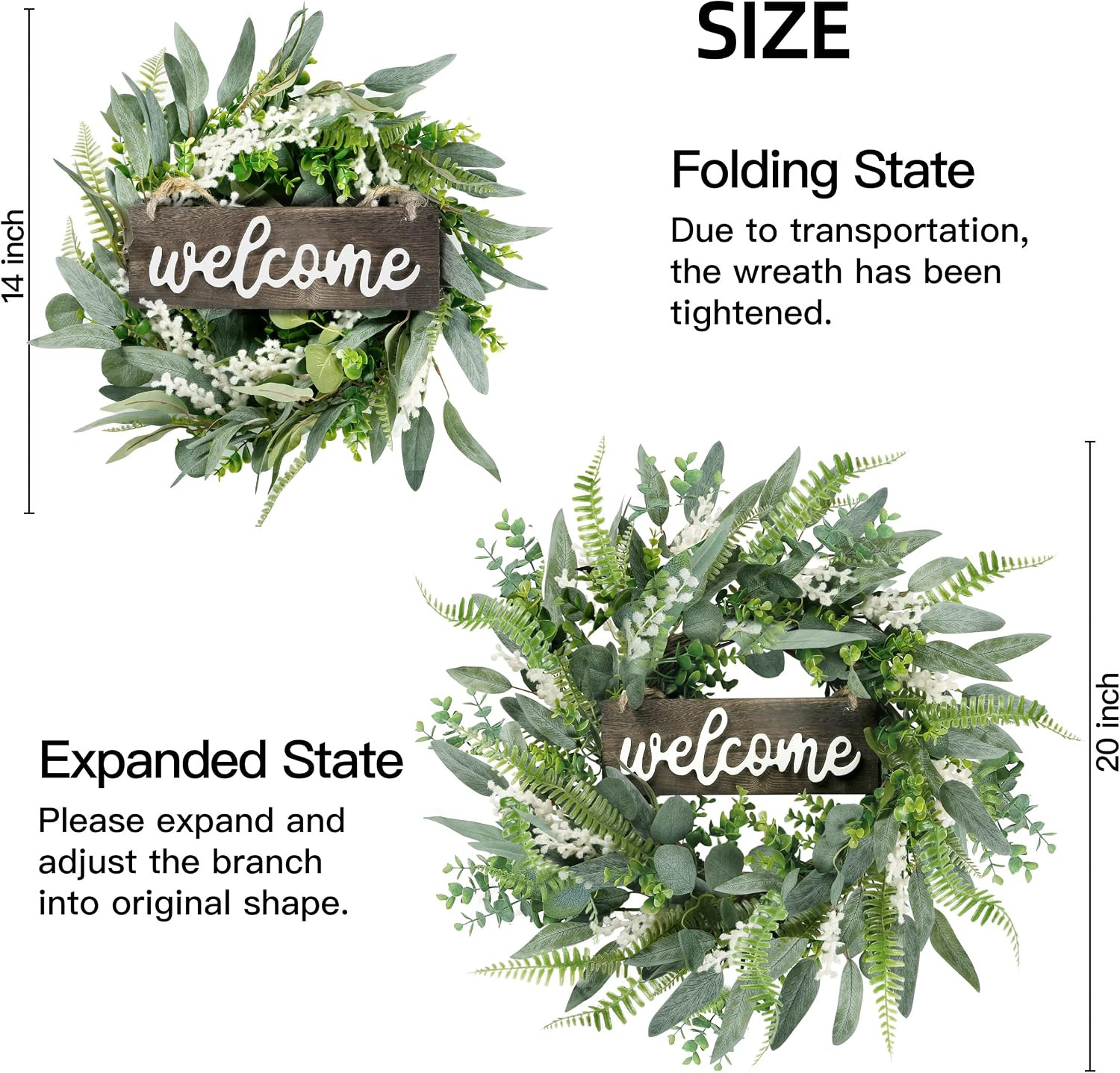 Green Artificial Eucalyptus Wreath with Welcome Sign 20In Mixed White Berries Sp