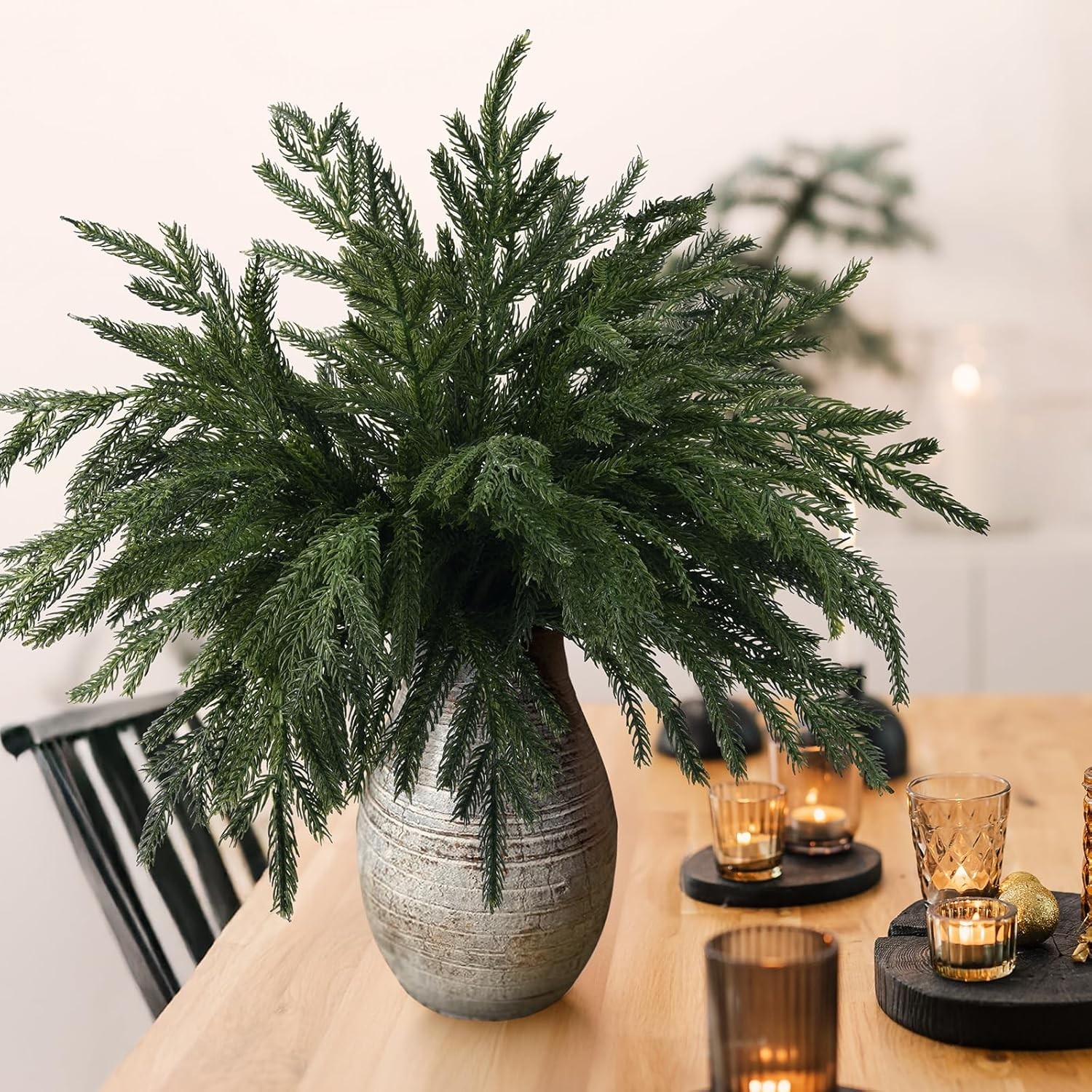 10PCS Christmas Norfolk Pine Stems, Real Touch 15 Inch Artificial Green