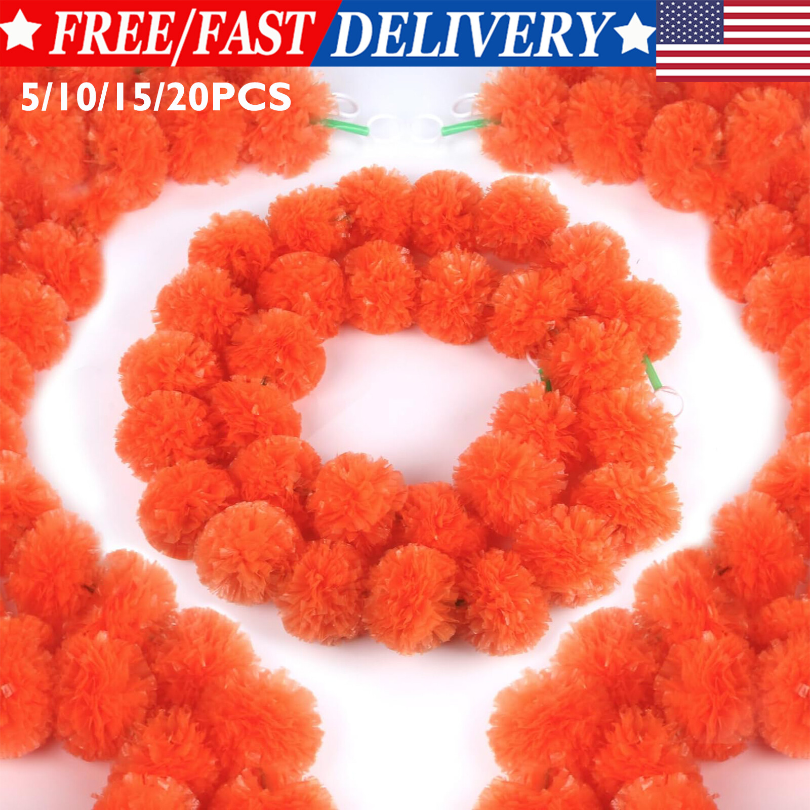 5/10/15/20 Pack Marigold Flower Garland for Dia de Muertos Diwali Pooja Mehndi