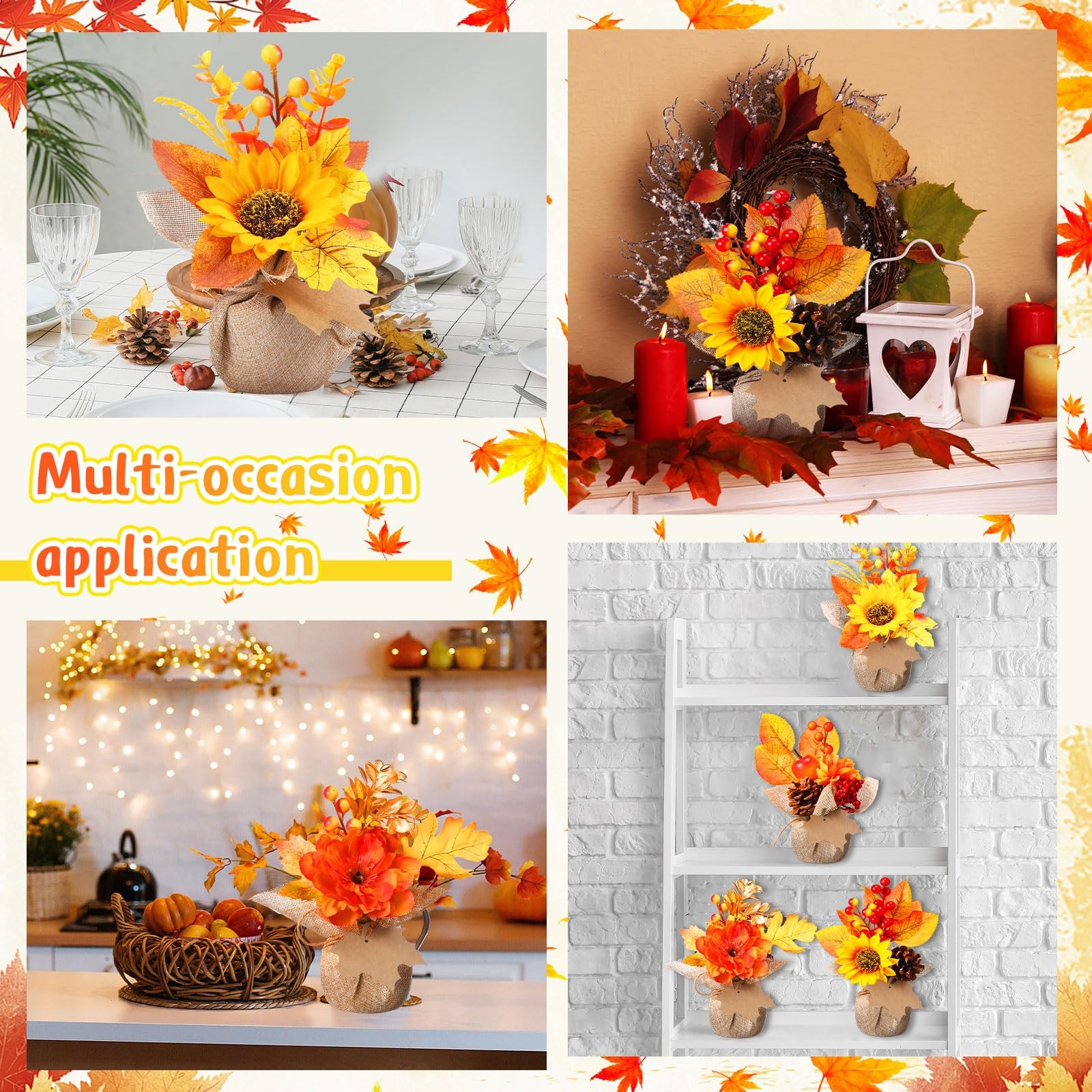 4 PCS Fake Thanksgiving Fall Potted Plant Pumpkin Sunflower Maple Decor