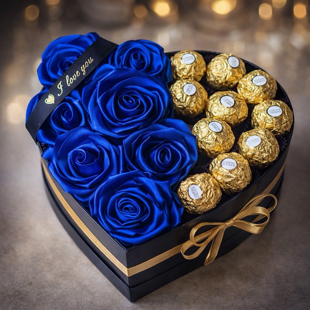 Ferrero Rocher Heart-Shaped Flower Box with Blue Artificial Roses and Chocolates