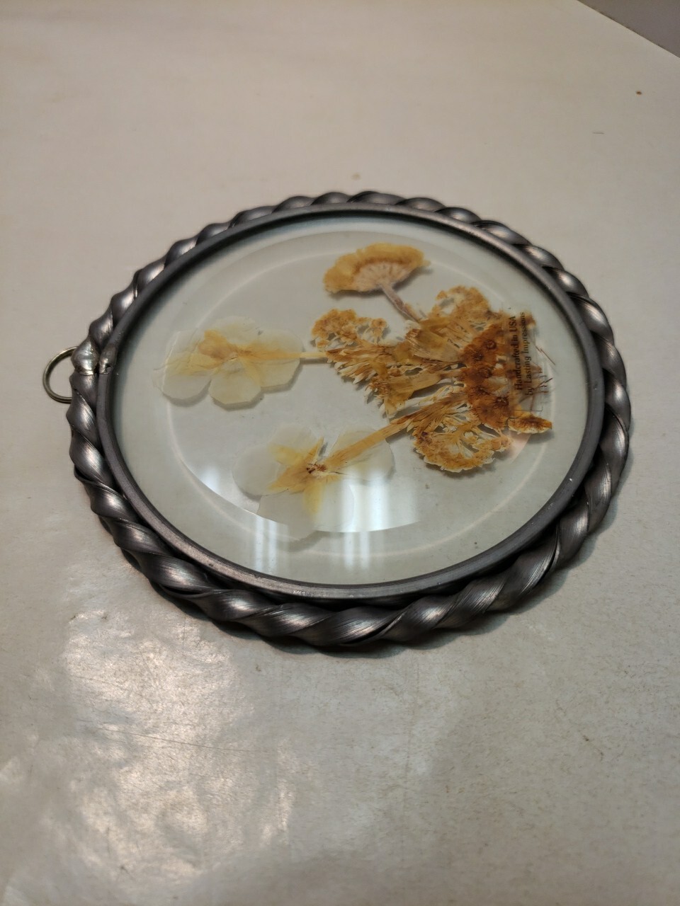 Round Silver Hanging Frame w Dried Flowers 4.5″ Diameter Lasting Impressions USA
