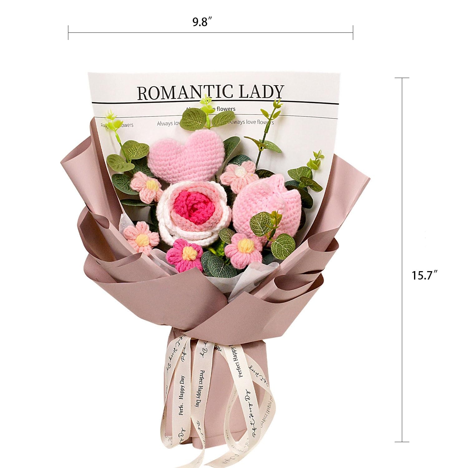 Pink Crochet Flower Bouquet Rose Tulip Love Heart Anniversary Birthday Gift