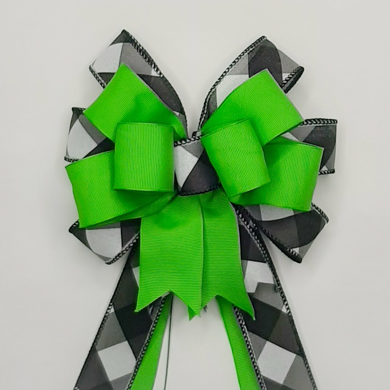 St. Patrick’s Day Bow, Kelly Green Grosgrain, Black and White Basket Weave