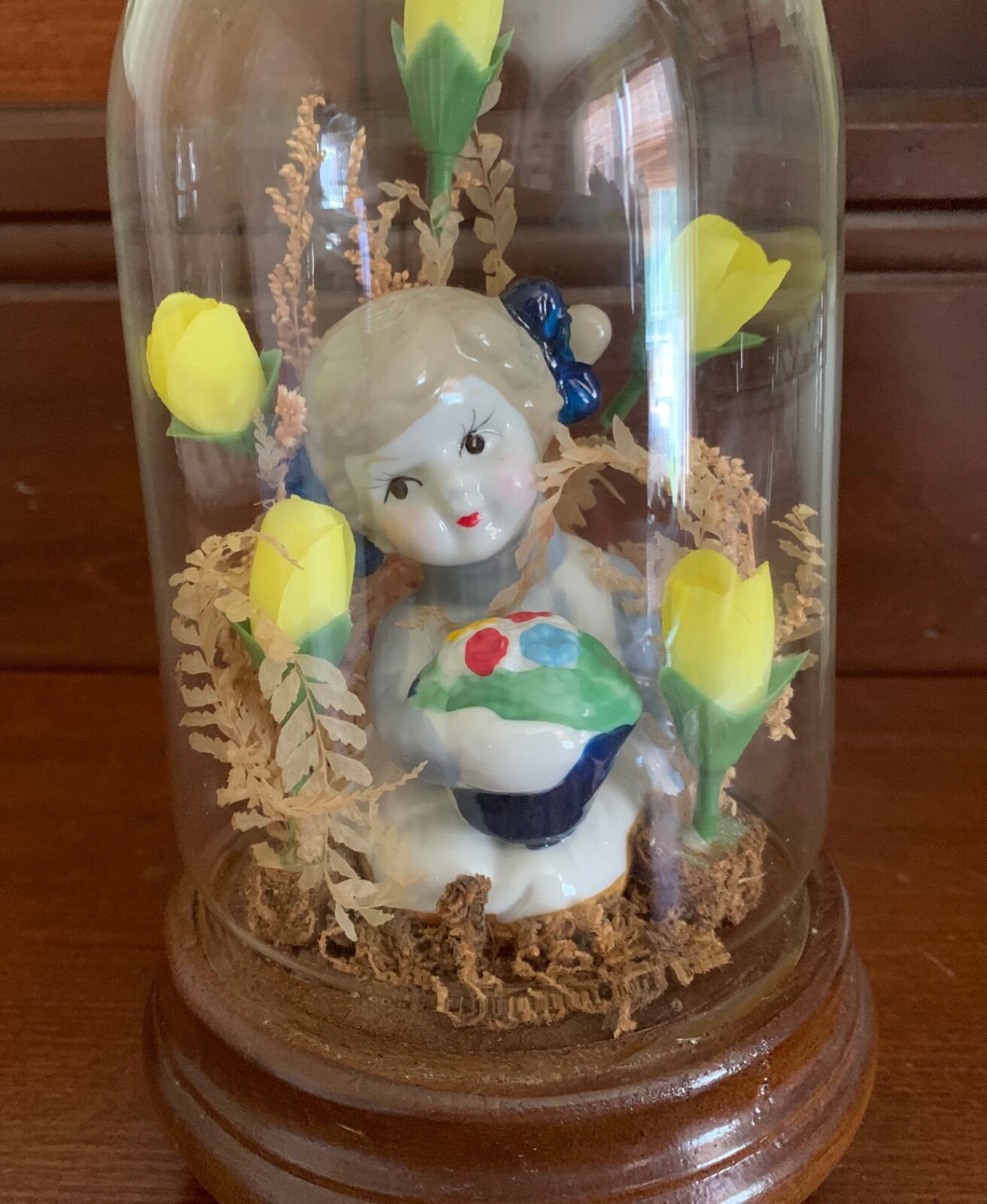 Vintage MCM Musical SpInning Floral Cloche Dome Terrarium Mid-Century Decor